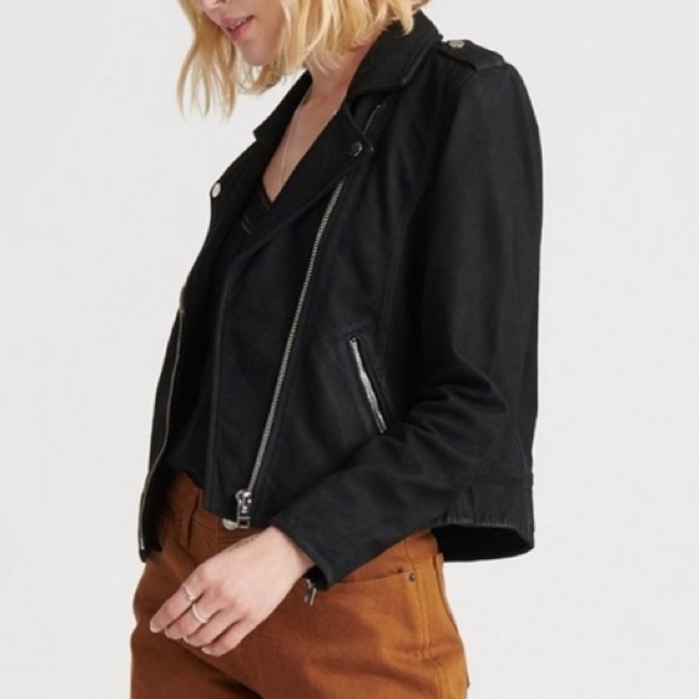 Lucky Brand Black Nubuck Leather Moto Jacket